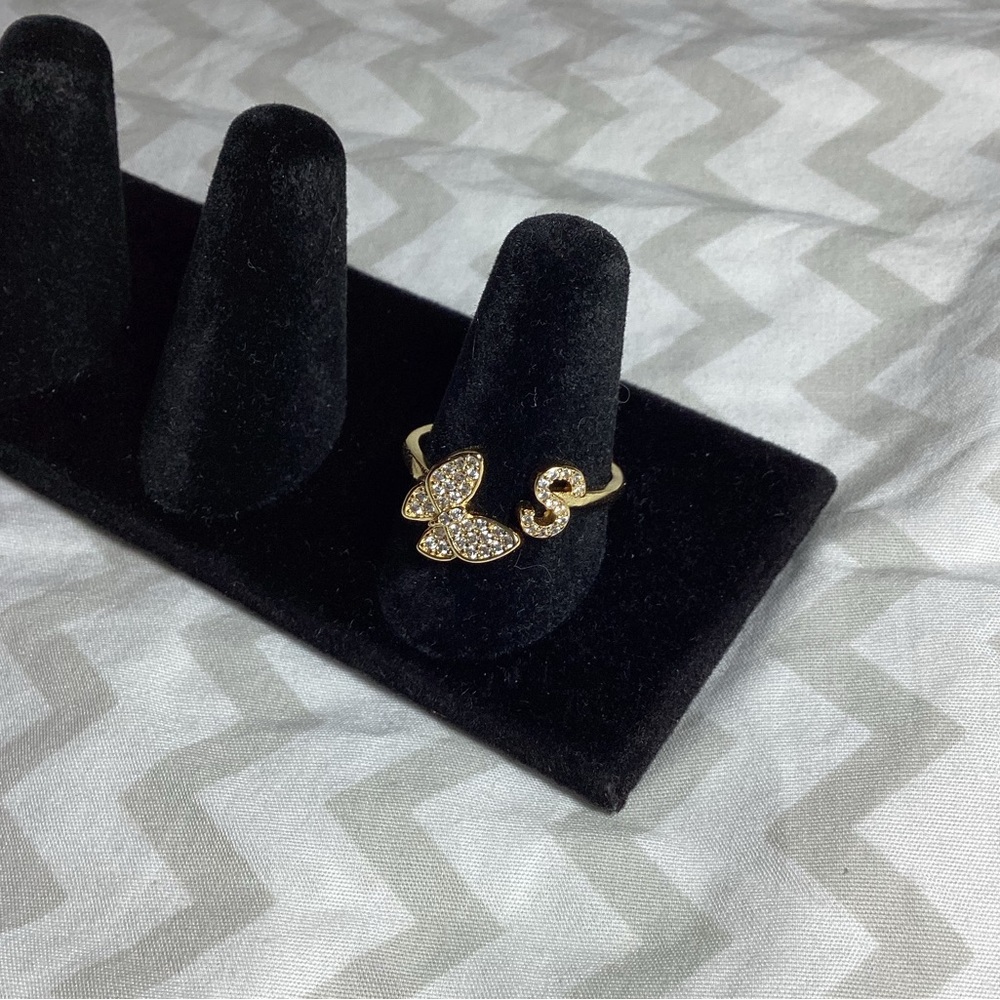 14K Gold Plated Adjustable Butterfly Initial Ring Letter S